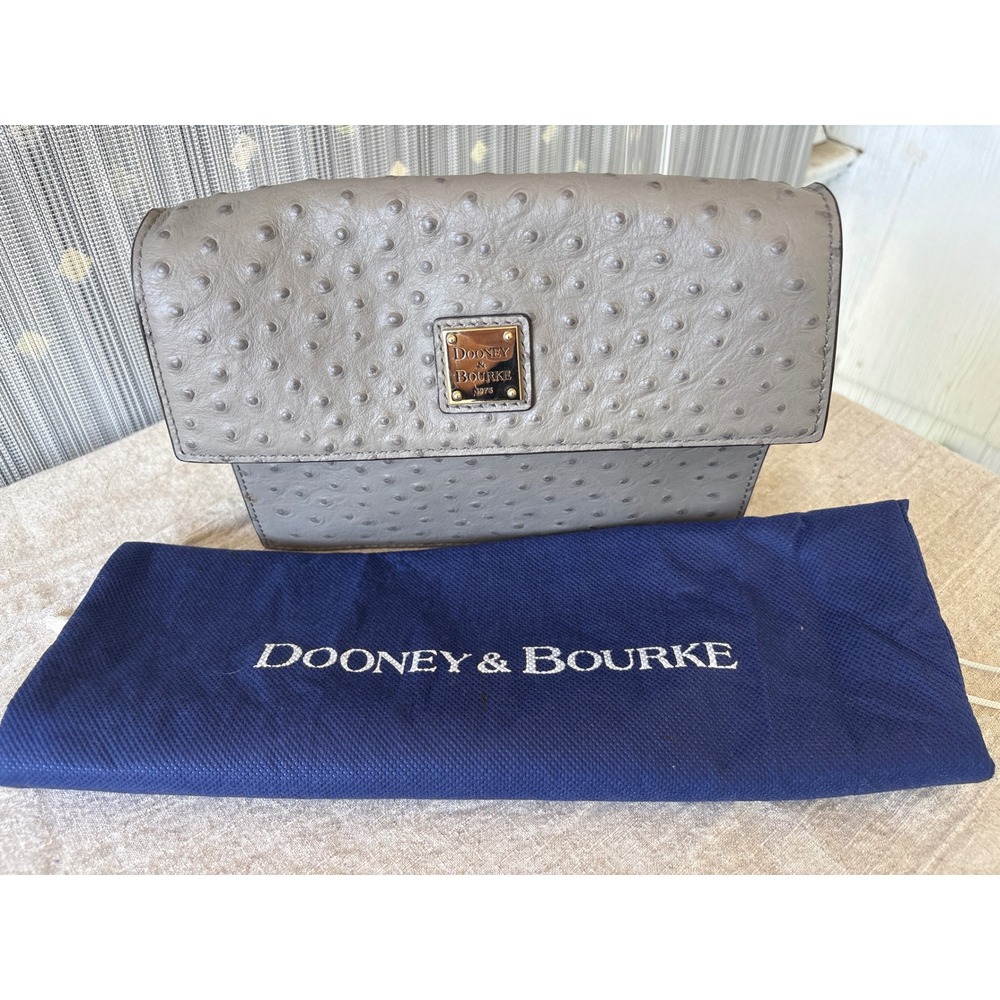 Dooney & Bourke Grey Ostrich Embossed Leather Crossbody Bag Gold Logo Flap